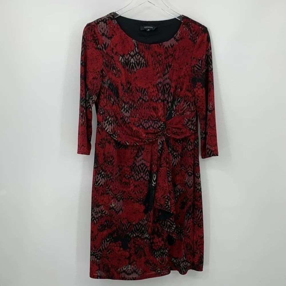 R&M Richards shift dress red black blurred floral print twist drape waist 14